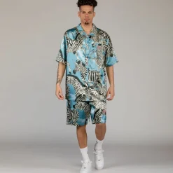Grimey Animal Satin Button Up Shirt - Blue - Summer 23 Best Sale