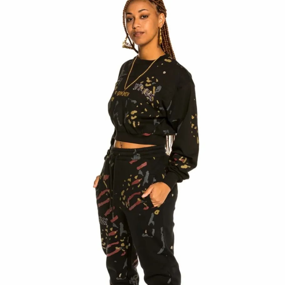 Grimey "Jazz Thing" All Over Print Long Sleeve Crop Top - Black - Fall 21 Best Sale