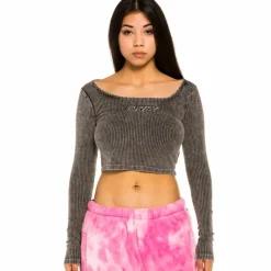 Grimey "Space Lady" Long Sleeve Crop Top - Bleached Black - Winter 21 Outlet