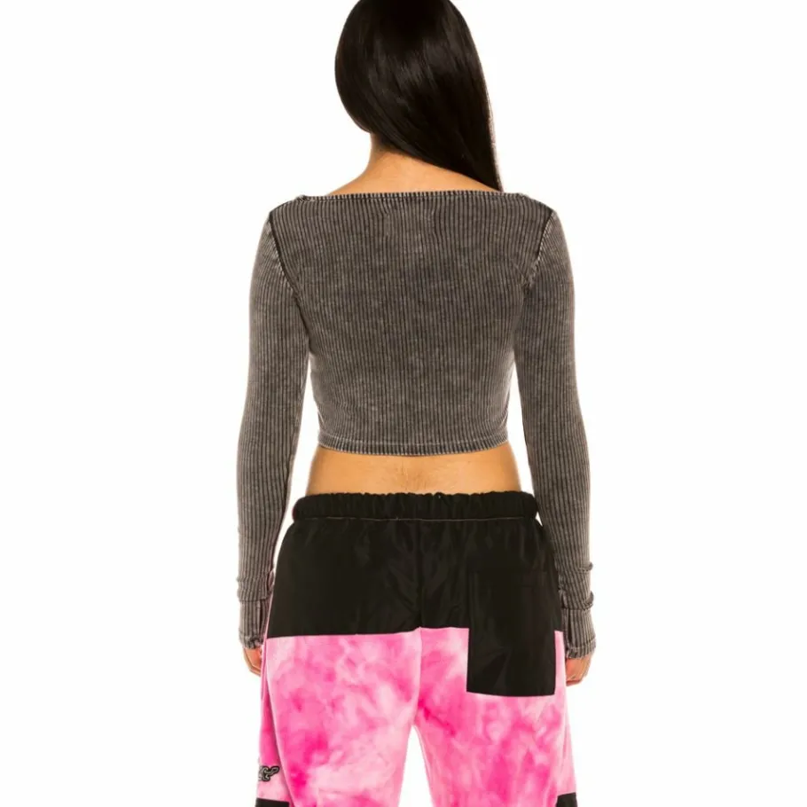 Grimey "Space Lady" Long Sleeve Crop Top - Bleached Black - Winter 21 Outlet