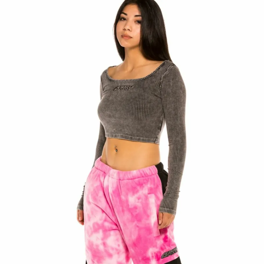 Grimey "Space Lady" Long Sleeve Crop Top - Bleached Black - Winter 21 Outlet