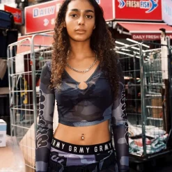 Grimey Tusker Temple Micro Mesh Girl Long Sleeve Crop Top - Black - Fw23 Store