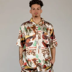 Grimey Viet Cong Beer Satin Button Up Shirt - White - Summer 23 Flash Sale
