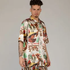 Grimey Viet Cong Beer Satin Button Up Shirt - White - Summer 23 Flash Sale