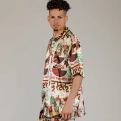 Grimey Viet Cong Beer Satin Button Up Shirt - White - Summer 23 Flash Sale
