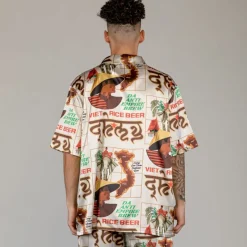 Grimey Viet Cong Beer Satin Button Up Shirt - White - Summer 23 Flash Sale